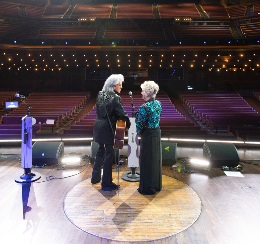 Neshoba County native Marty Stuart and wife Connie Smith on stage at the Grand Ole Opry moments after the last virtual broadcast Sept. 26. Celebrrating the 95th Anniversary, the Opry will welcome back up to 500 guests each Saturday in October.